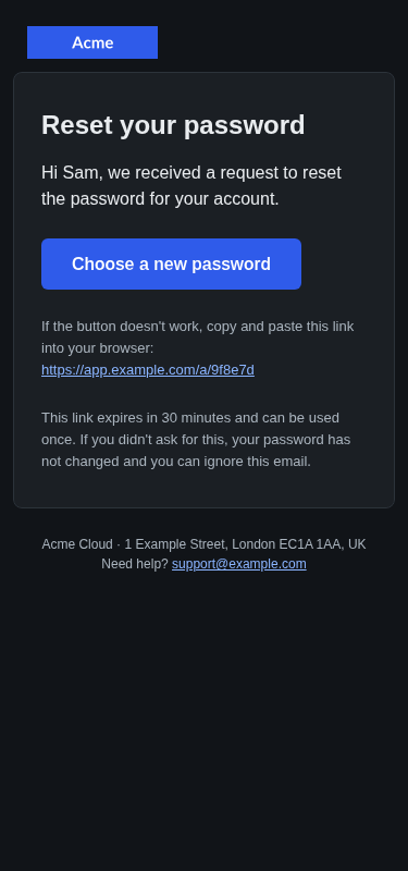 Password reset, mobile, dark mode
